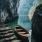 photographie Une barque solitaire repose sur l'eau tranquille d'un fjord entouré par des montagnes abruptes.