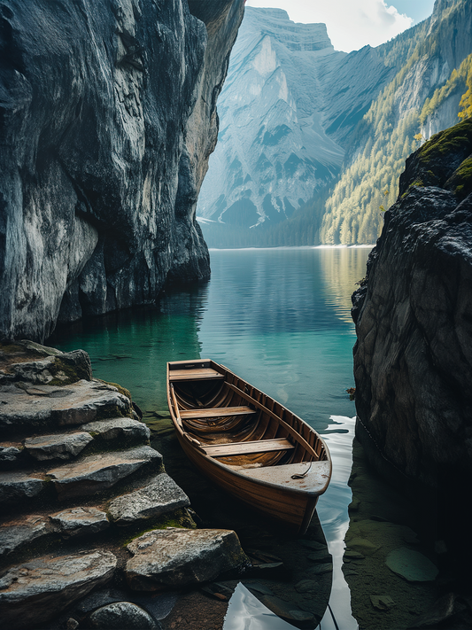 photographie Une barque solitaire repose sur l'eau tranquille d'un fjord entouré par des montagnes abruptes.