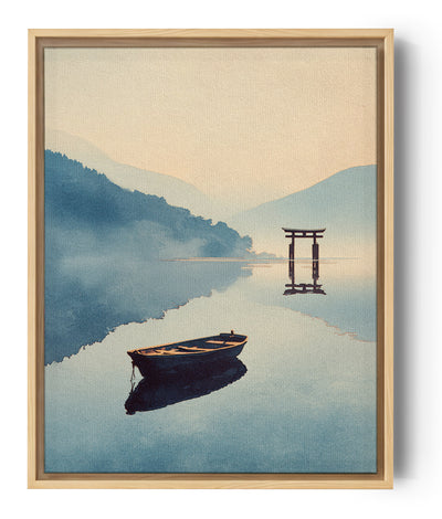 Serene watercolor landscape with boat and Japanese torii gate, zen ambiance