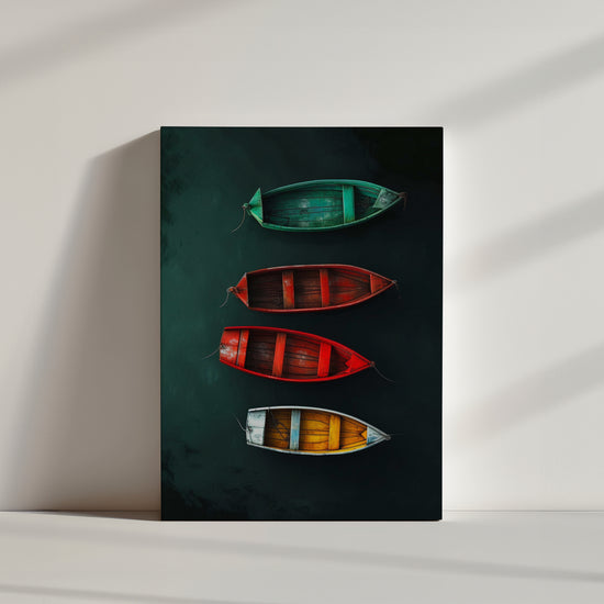 Colorful boats on water canvas print in yellow, red, and green