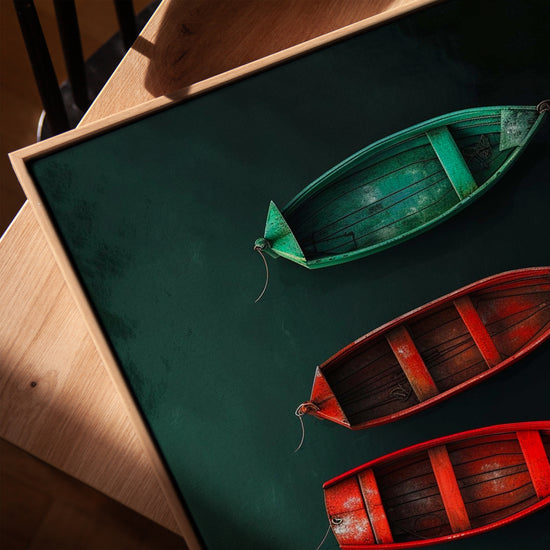 Colorful boats on a lake canvas print for the living room, golden oak frame