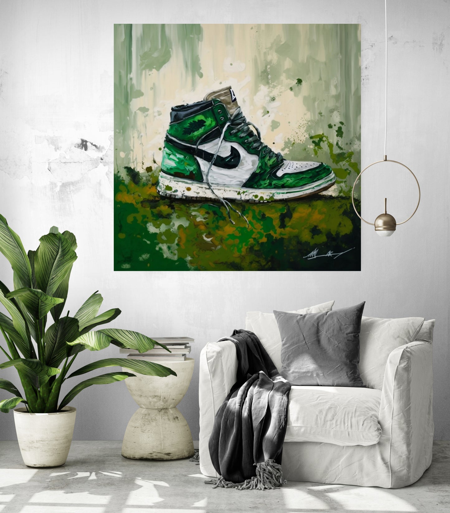 Oeuvre originale inspirée des baskets Air Jordan vertes pour décoration d'interieur..