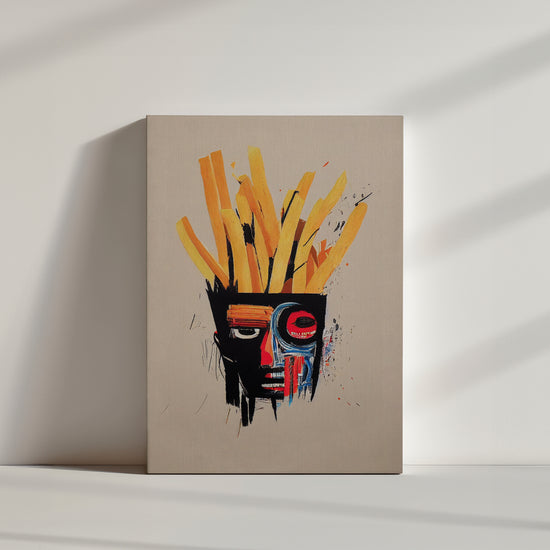 Inspiré de Basquiat, tableau de décoration qui représente le visage d'un afro-américain avec des cheveux en frite. Minimalistes et colorées, ses couleurs sont vives et profondes. Les couleurs principales sont le jaune, le rouge, le noir et le beige.