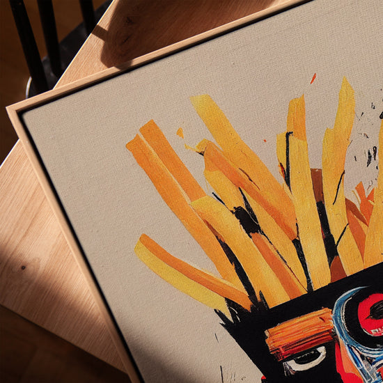 Tableau visage pop art frites pour salon cadre chêne doré