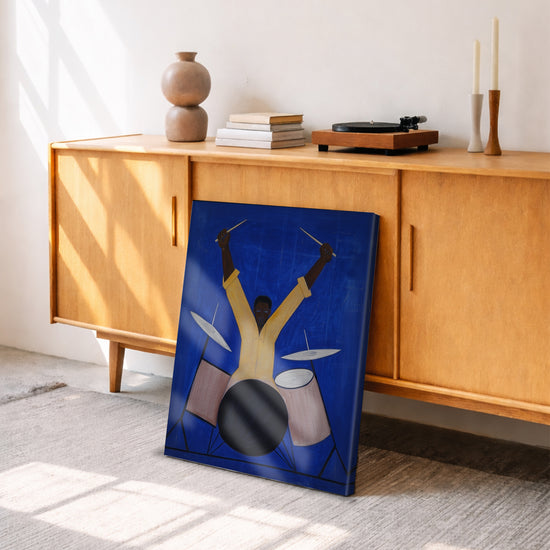 Drummer canvas above retro sideboard, modern living room decor in blue and yellow