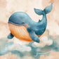 illustration pour enfant , d'une baleine bleue souriante nageant dans les nuages