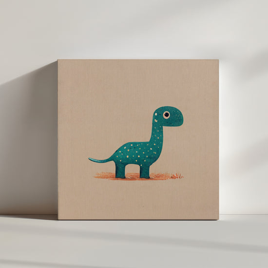Tableau bebe dinosaures, illustration d'un diplodocus vert bleu minimaliste