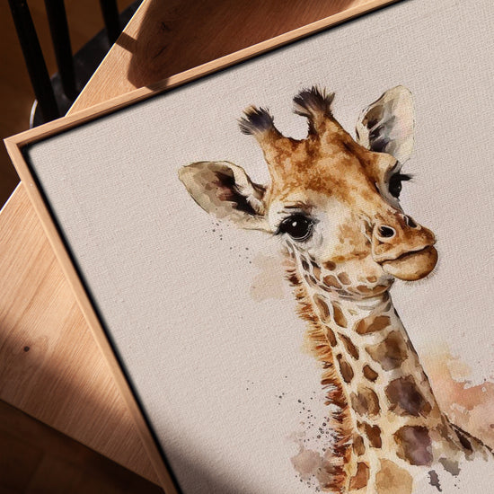 Watercolor baby giraffe canvas wall art for living room with golden oak frame