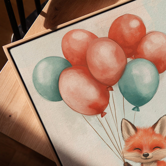 Baby fox with pastel balloons print, minimalist nursery wall art