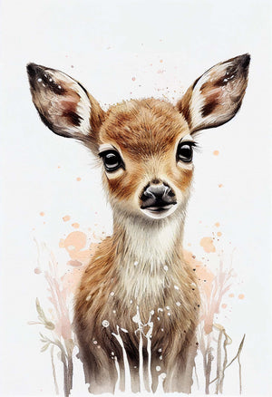 wall art featuring a comforting cute deer with blushing gentle eyes in pastel colors on a white background