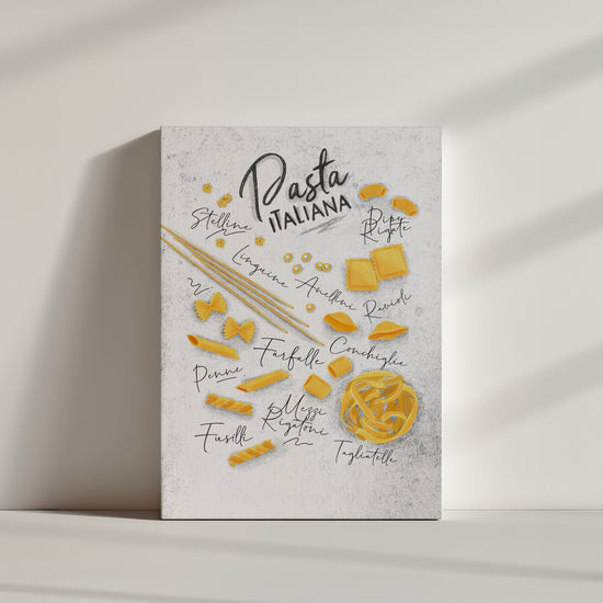 tableau blanc de cuisine avec des illustrations de pâtes italienne.