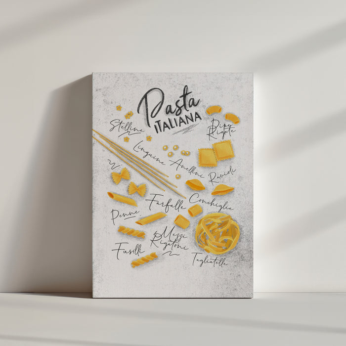 tableau blanc de cuisine avec des illustrations de pâtes italienne.