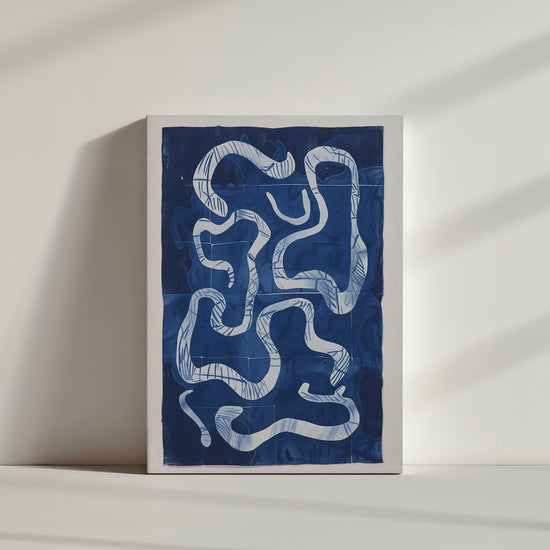 Detail shot: abstract blue painting with white undulating lines on deep navy blue