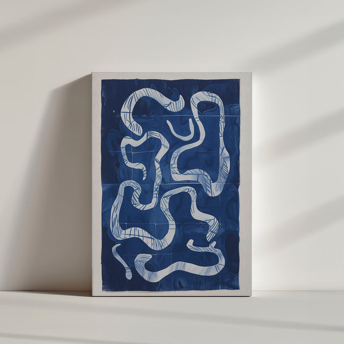Detail shot: abstract blue painting with white undulating lines on deep navy blue