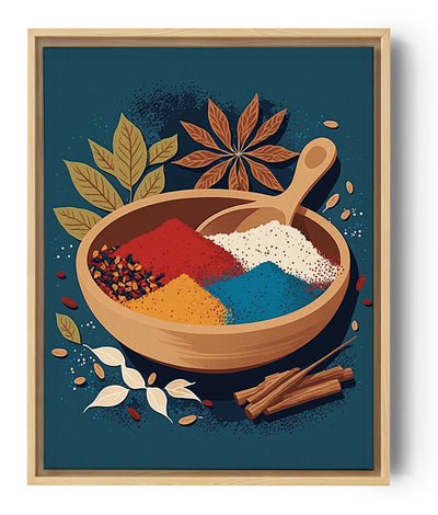 tableau épices indiennes dans un bol, illustration 2D, illustration vectorielle, style graphique plat, couleurs claires, partiellement beige et bleu, design moderne,