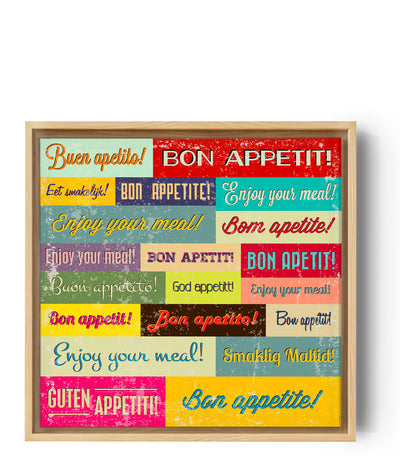 Dieses Wandbild verleiht der Küche eine retro und warme Note mit einer farbenfrohen Komposition, die "Guten Appetit" und seine Varianten in verschiedenen Sprachen zeigt. Der gealterte und texturierte Effekt verleiht ihm einen authentischen Charme, ideal für eine Bistro- oder Retro-Café-Atmosphäre.