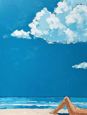 canvas with beach view painting effect, sunbathing woman, minimalist style.