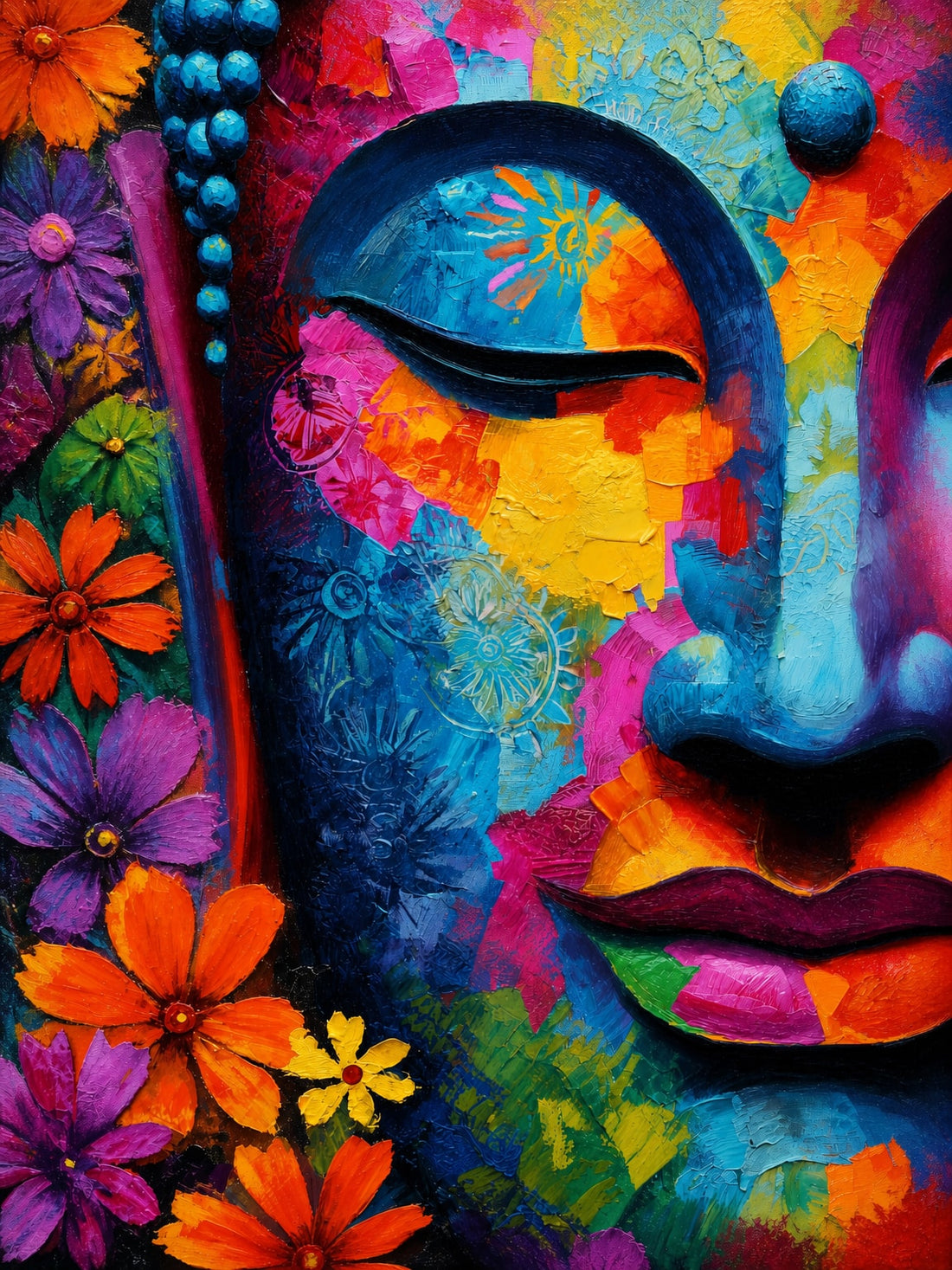 Tableau sur toile Bouddha - Sérénité florale et explosion de couleurs