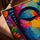 Tableau Bouddha coloré fleurs multicolores zen posé sur table cadre chêne doré décoration salon moderne