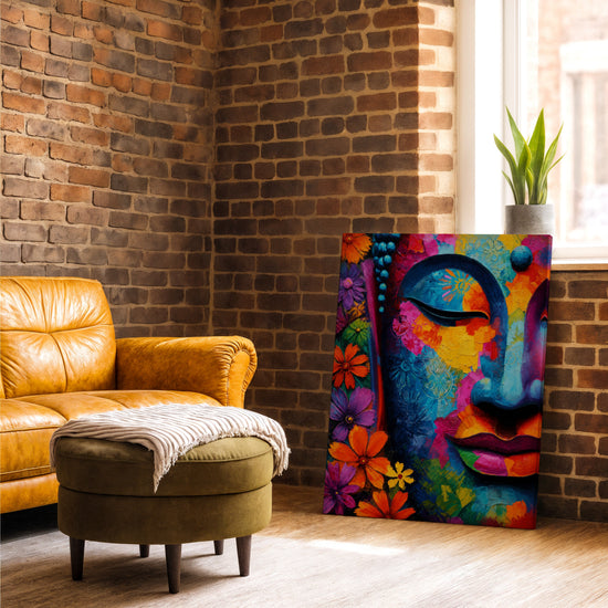 Tableau Bouddha coloré fleurs multicolores décoration salon moderne mur brique fauteuil cuir camel
