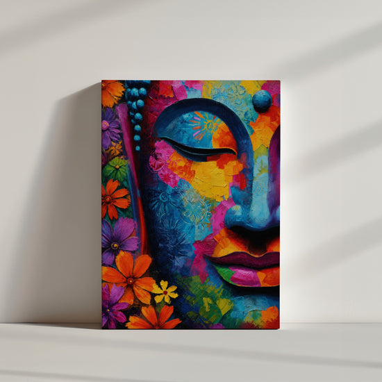 Tableau Bouddha coloré fleurs multicolores zen dans ambiance minimaliste épurée mur blanc