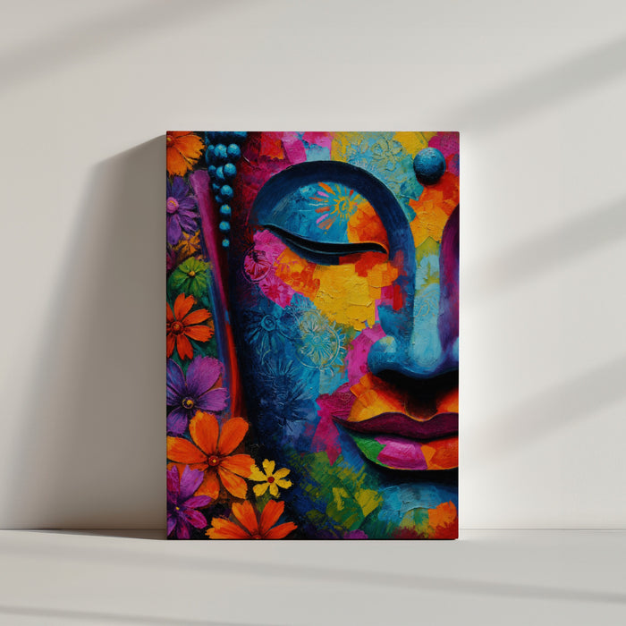 Tableau Bouddha coloré fleurs multicolores zen dans ambiance minimaliste épurée mur blanc