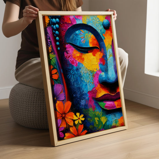 Tableau Bouddha coloré fleurs multicolores style zen pour décoration salon moderne spirituel