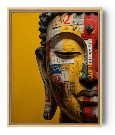 Contemporary Buddha collage canvas with layered paper, bold yellow and red tones, ochre backdrop