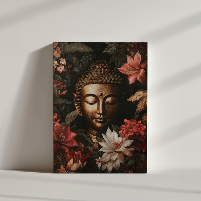 Golden Buddha surrounded by red and white exotic flowers on a dark background, peaceful and elegant Zen wall art