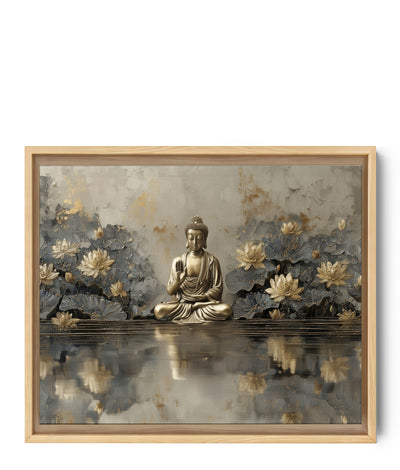 Statue de Bouddha dorée entourée de fleurs de lotus stylisées bleues, ambiance zen et apaisante