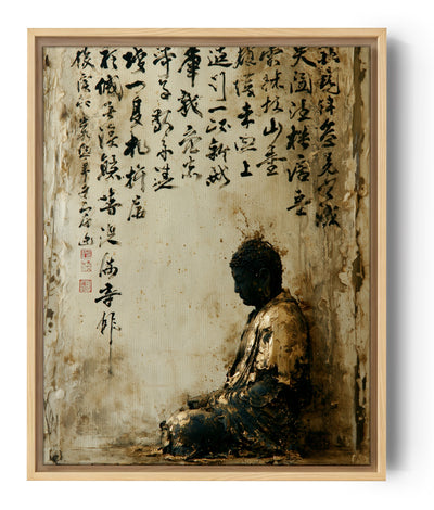 Tableau Bouddha en méditation calligraphie asiatique fond vintage beige art zen spirituel