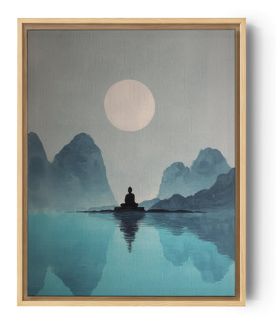 Paysage zen avec silhouette de méditation devant montagnes et reflet lunaire, style serein
