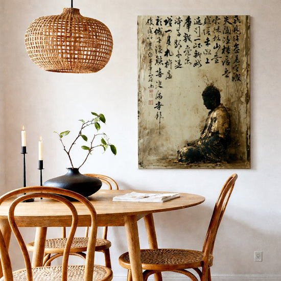 Tableau Bouddha méditation calligraphie asiatique fond vintage beige décoration salon zen spirituel