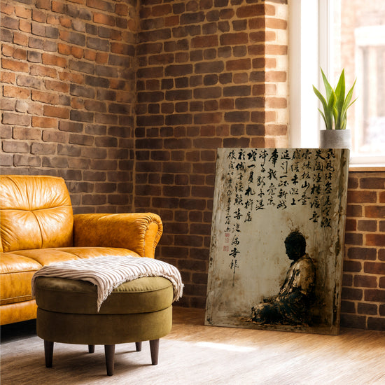 Tableau Bouddha méditation calligraphie asiatique or vintage décoration salon zen mur brique fauteuil cuir