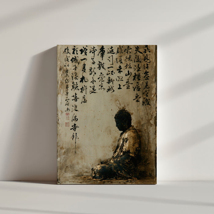 Tableau Bouddha méditation calligraphie asiatique or vintage décoration zen minimaliste