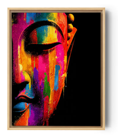 Modern Buddha canvas wall art with a close-up face and vibrant paint splashes on a black background