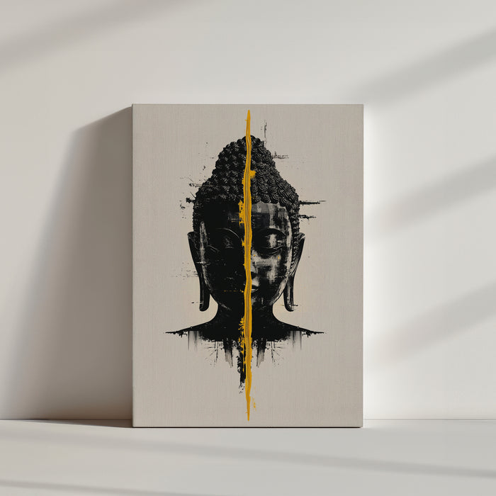 Art canvas featuring a black Buddha face divided by a vivid yellow stripe on beige, striking contrast that evokes calm and balance