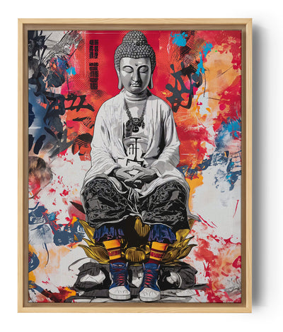 Buddha portrait canvas in street art style with red and blue paint splashes