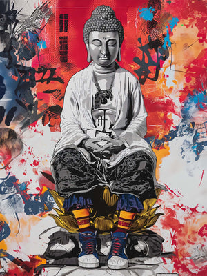 canvas depicting street art style Buddha portrait, splashes of red and blue color.