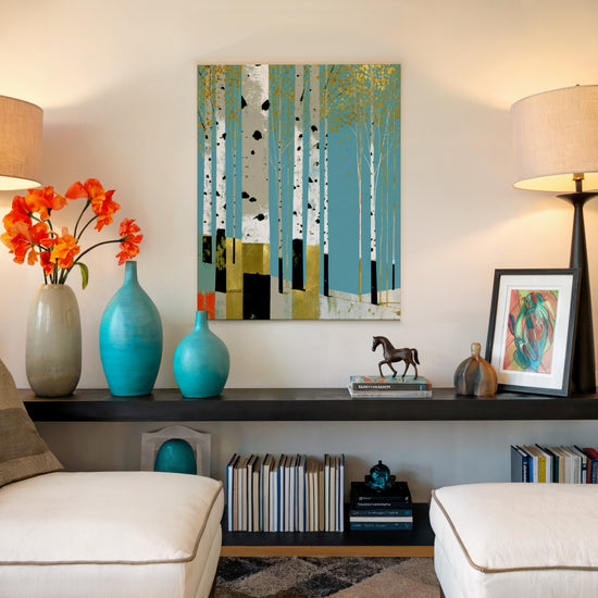 Modern blue birch tree wall art with white trunks and golden leaves for minimalist living room decor