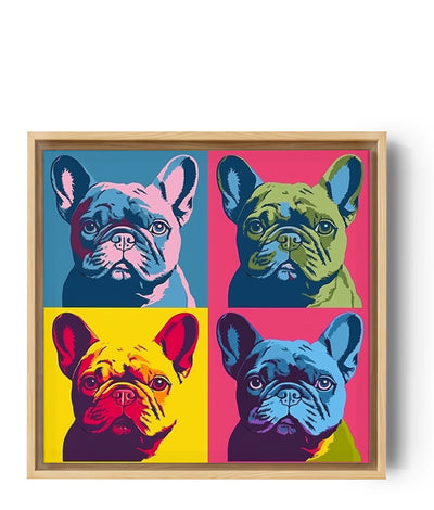 Eine künstlerische Komposition mit vier Bulldoggen-Porträts in intensiven Farben schafft ein schräges Pop-Art-Werk