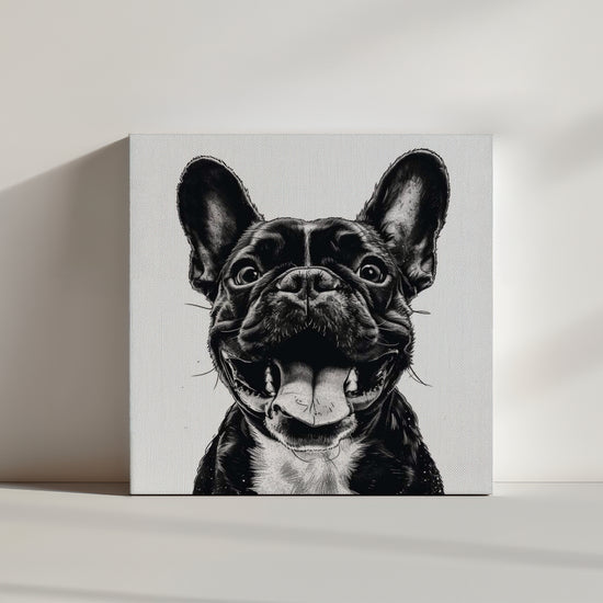 Square French Bulldog canvas print, realistic black and white drawing