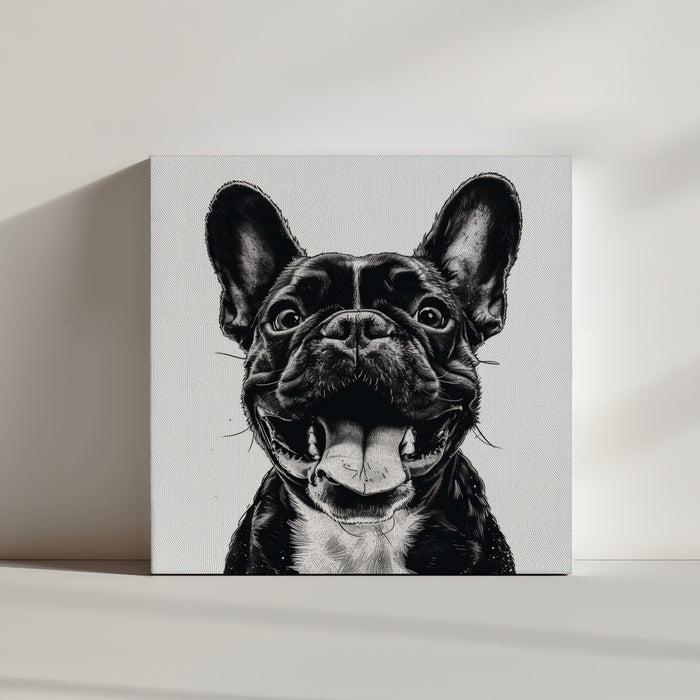 Square French Bulldog canvas print, realistic black and white drawing