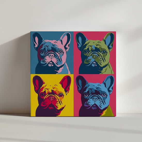 Une composition artistique mettant en scène quatre portraits de bouledogues dans des couleurs intenses crée une œuvre d'art pop et décalée