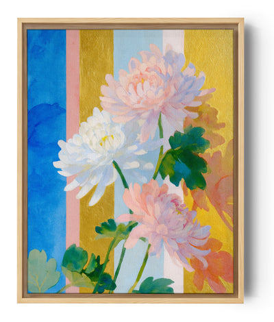 Tableau floral aux chrysanthèmes pastel sur fond rayé coloré, style décoratif vibrant