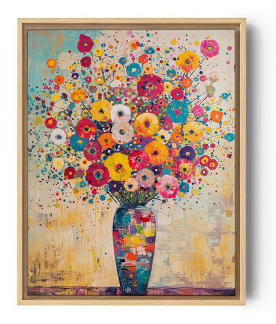 Toile style peinture, représentation d'un bouquet de fleur dans un vase coloré, de nombreuses couleurs vives.