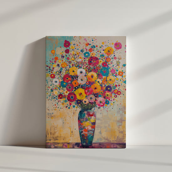 Toile style peinture, représentation d'un bouquet de fleur dans un vase coloré, de nombreuses couleurs vives.