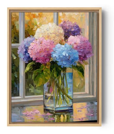 Impressionistisches Bild eines bunten Blumenstraußes vor sonnigem Fenster, friedliche und sanfte Atmosphäre