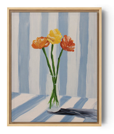 Orange and yellow flowers in a glass vase on a blue and white striped background, soft modern wall art print