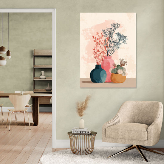 Abstract bouquet artwork with soft tones for a modern living room, Scandinavian minimalist style.